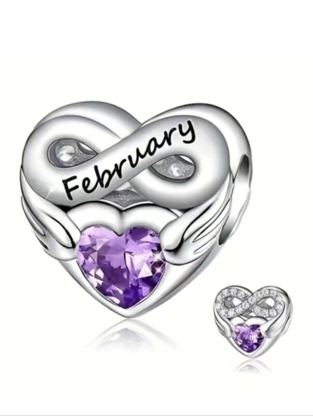 February Birthstone charm with purple rhinestone for pandora-style bracelets